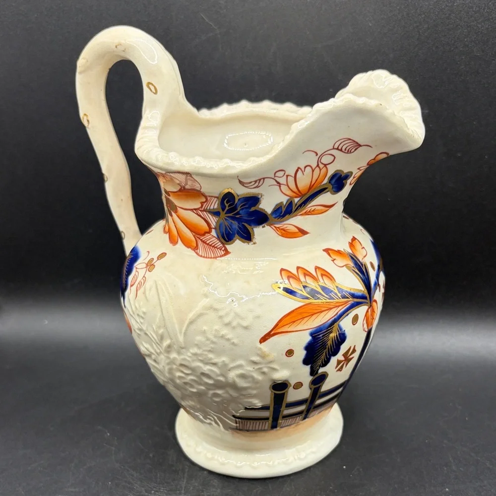 Antique Hand Painted Imari Imariware Ceramic Floral Flower Bouquet Pitcher Jug
